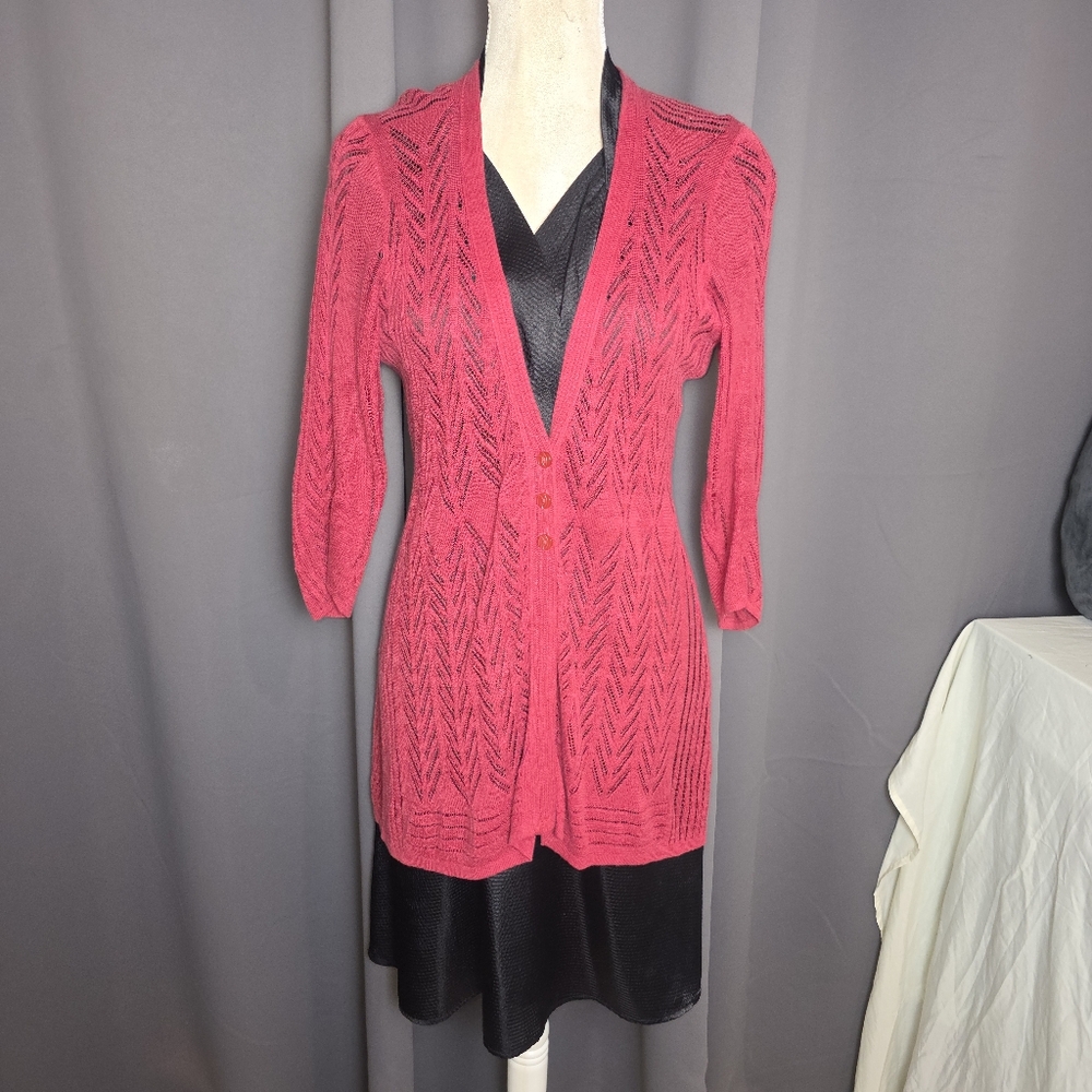 Guinevere Anthropologie Linen Knit Cardigan Womens Medium Red Button Front